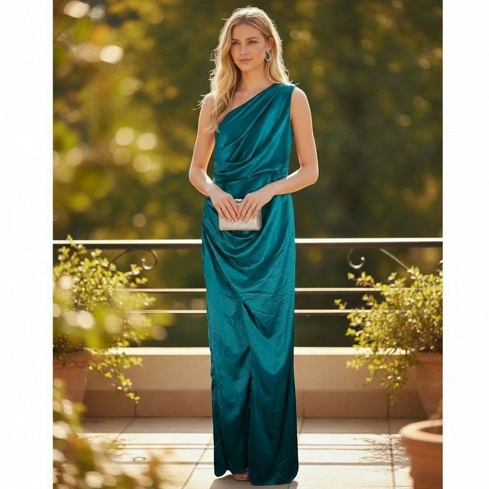 Lulus One Shoulder Maxi Dress Womens Size M Teal Satin Draped Formal Gown